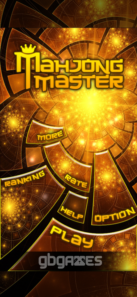 Main menu screen of the Mahjong Master mobile game featuring a golden fractal background and navigation buttons