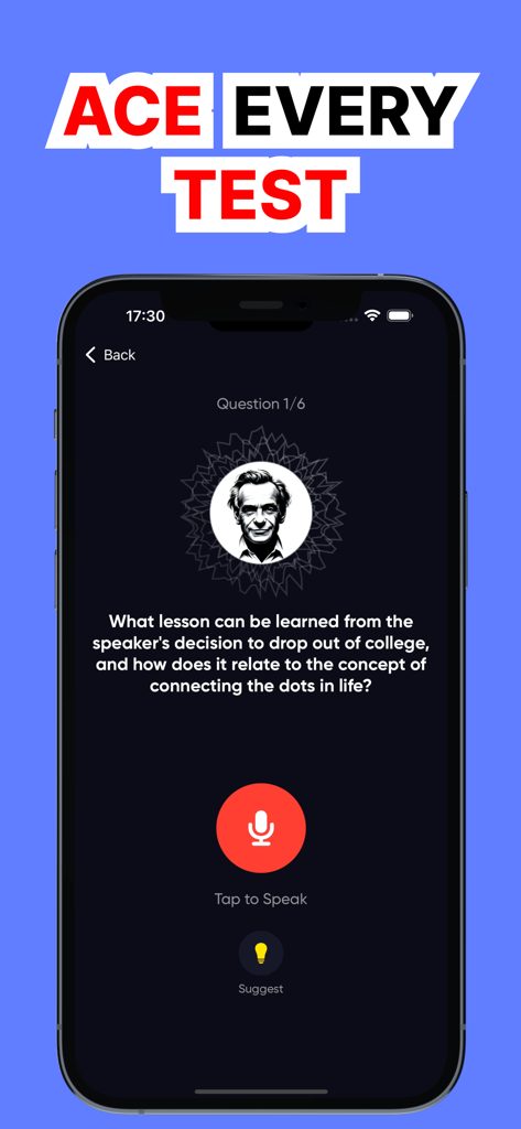 Interactive quiz screen in the Feynman AI app showing a study question and a voice-activated answer button.