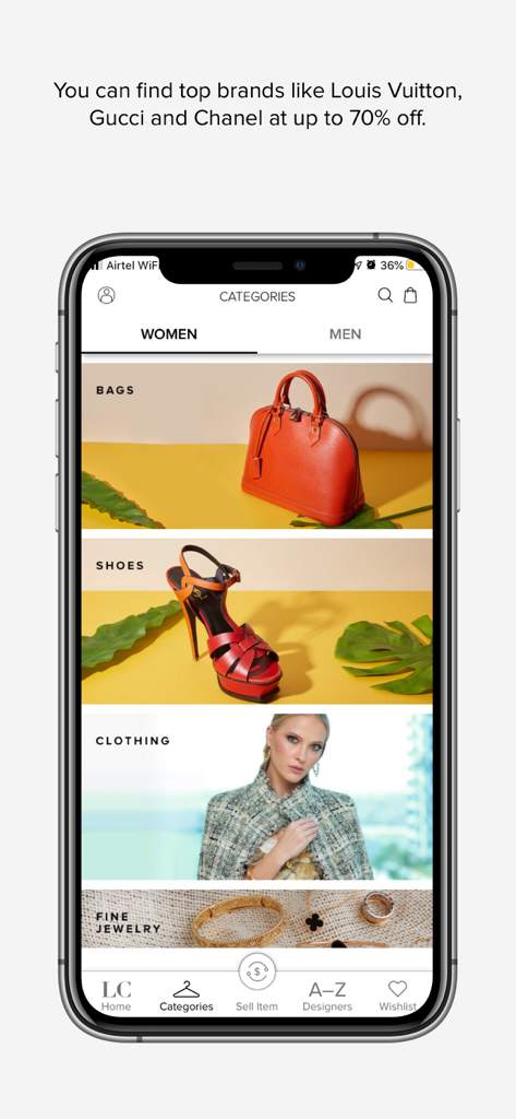 Schermata dello smartphone che mostra l'app The Luxury Closet con categorie di moda femminile per borse, scarpe e abbigliamento
