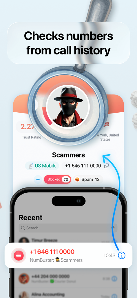 NumBuster. Real Name Caller ID - La aplicación NumBuster muestra la identificación de un estafador desde el historial de llamadas