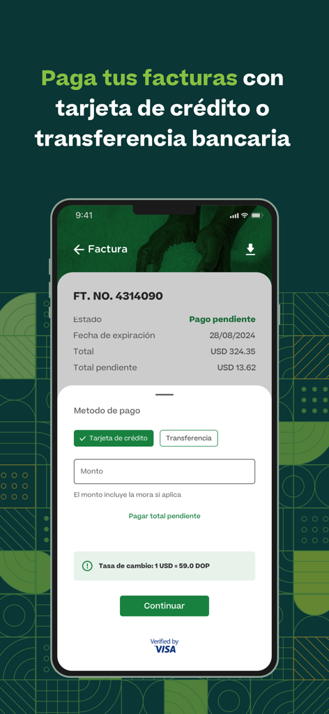 Abodom - Interface do aplicativo móvel Abodom mostrando uma tela de pagamento de fatura pendente com opções para cartão de crédito e transferência bancária.