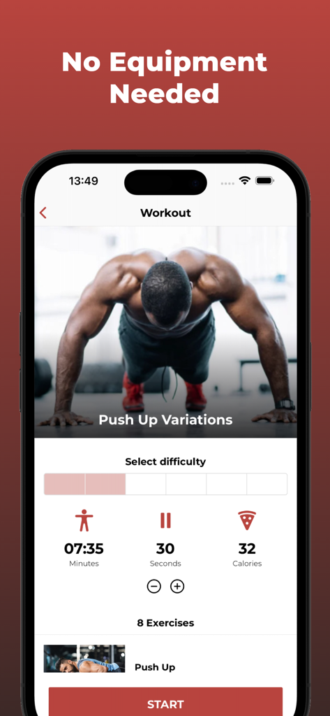 Uno schermo di smartphone che mostra un piano di allenamento per i piegamenti dall'app Sfida dei 30 Giorni di Piegamenti evidenziando che non è necessaria alcuna attrezzatura.