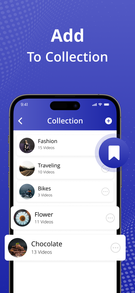 Video Downloader - HD - Mobile app screen showing video collections organized by categories like fashion and traveling.