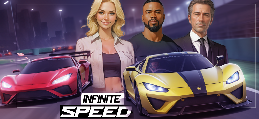 Promotional banner for Infinite Speed Online Racing featuring a red and yellow sports car with three diverse character avatars in the background
