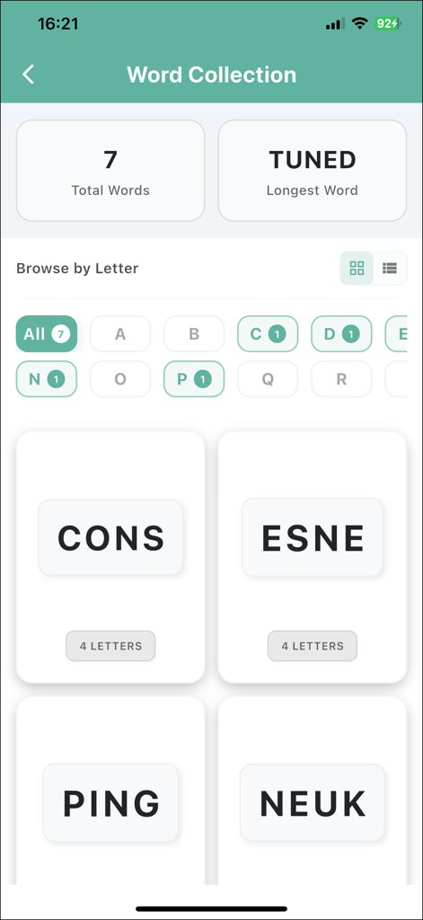 Squaredle - Squaredle App-Bildschirm mit gefundenen Wörtern und Vokabularstatistiken