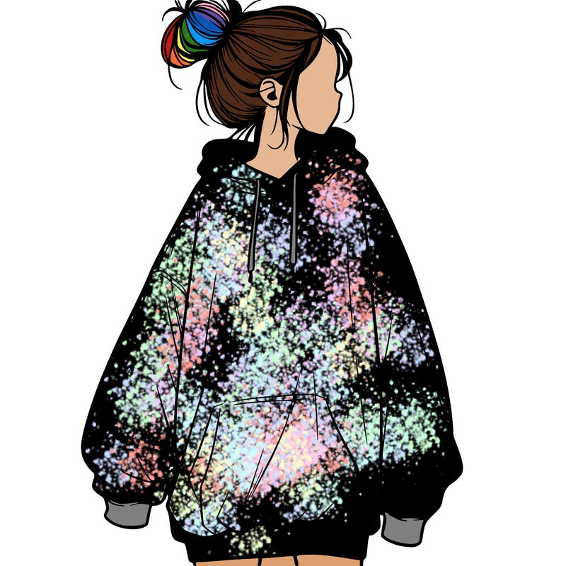 realistic girl with a oversized sweatshirt on and a bun