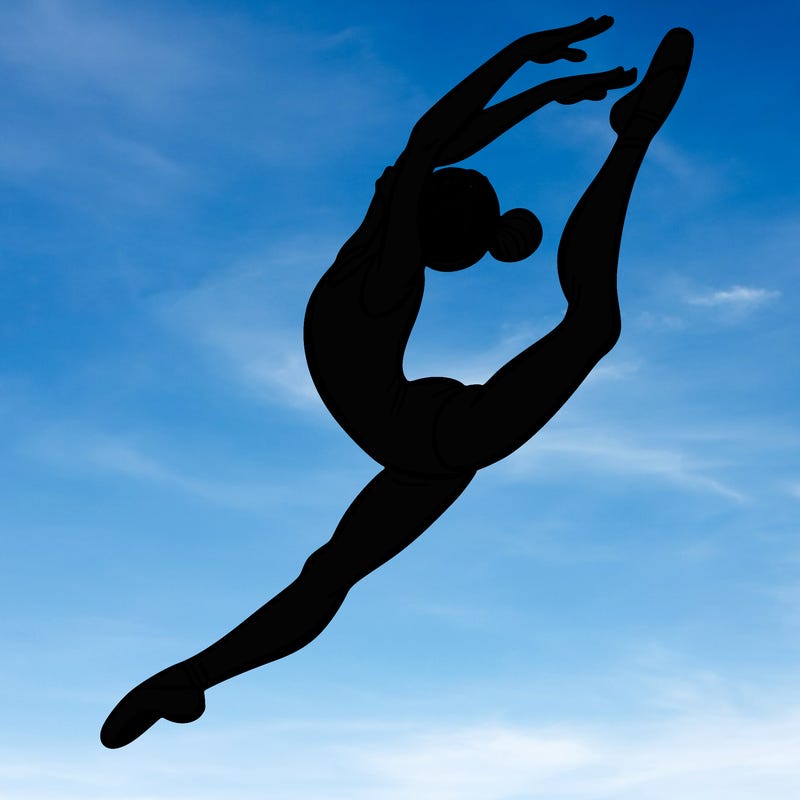 gymnast doing a leap in a leotard with a bent back leg