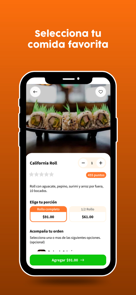 Interfaz de la aplicación móvil Dong Sushi mostrando un artículo del menú California Roll con opciones de precio en español.
