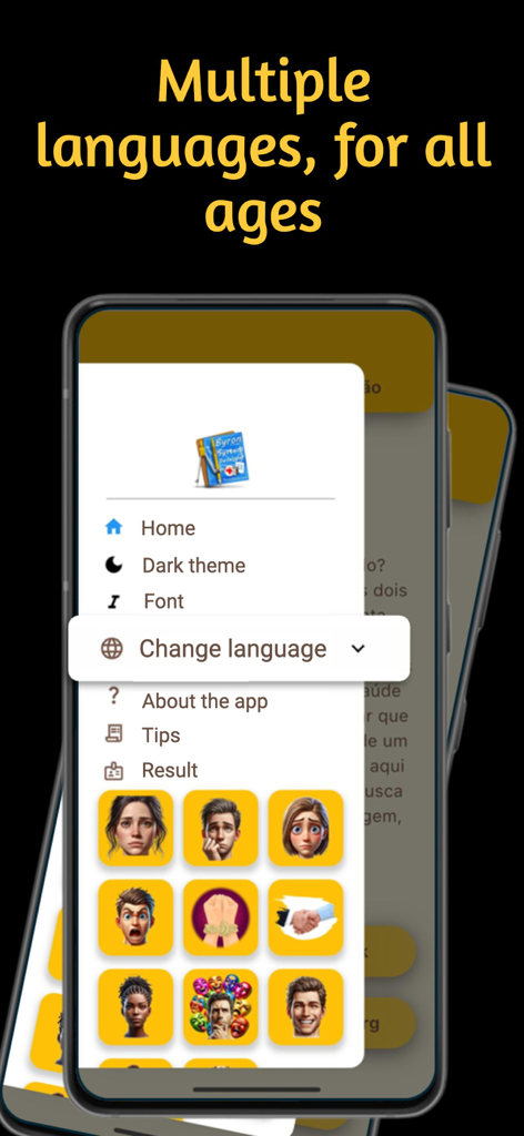 Anger Test. - Die Benutzeroberfläche der Wuttest-App zeigt ein Menü mit Sprach- und Themeneinstellungen über einer Auswahl von Symbolen für die Emotionen verschiedener Charaktere.