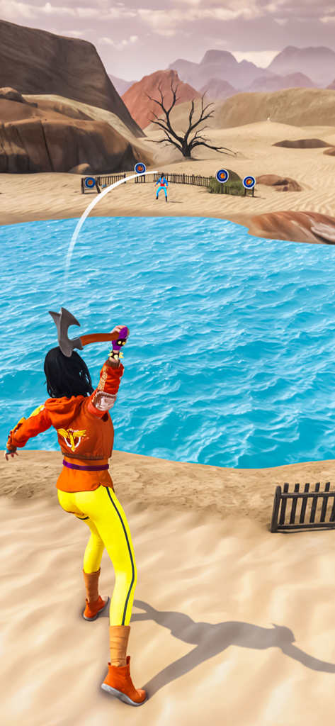 Master Archery Battle Shoot 3D - Un personaje 3D lanzando un hacha a través de un lago desértico hacia objetivos en Master Archery Battle.