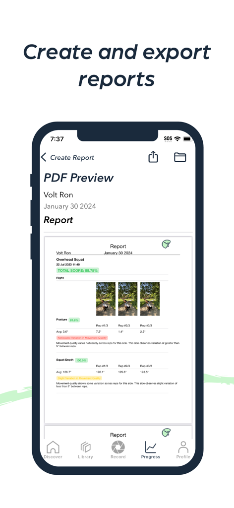 Yogger: Movement Analysis App - A preview of a movement analysis PDF report within the Yogger app interface showing biomechanical data for an overhead squat