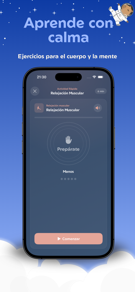 Tranqui - Bienestar Emocional - Tranqui app interface showing a muscle relaxation exercise for stress relief.
