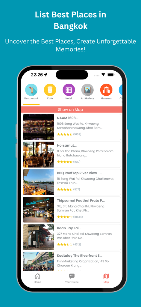 AI Travel Guide - Bangkok - Un écran affichant une liste organisée des meilleurs restaurants et établissements locaux de Bangkok avec les notes des utilisateurs.