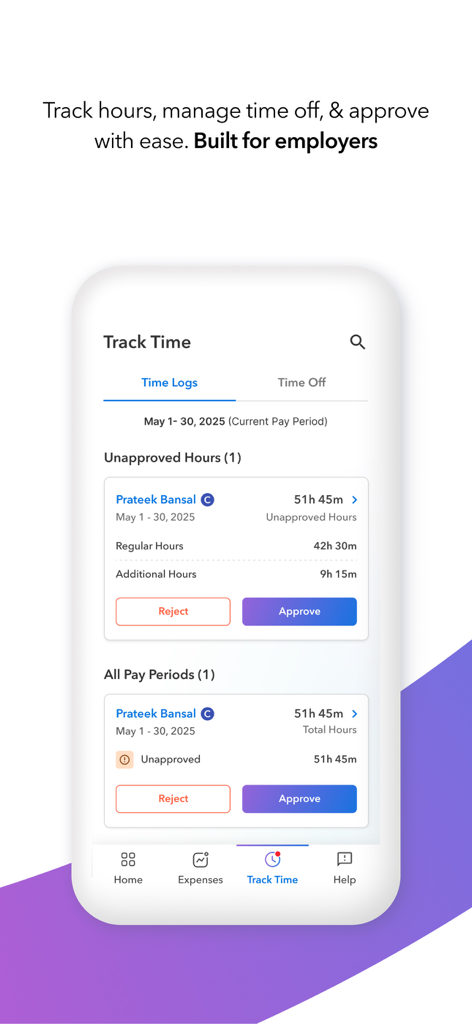 Payoneer Workforce Management - Aplicação Gestão de Força de Trabalho Payoneer mostrando o ecrã de aprovação de registo de horas do empregador
