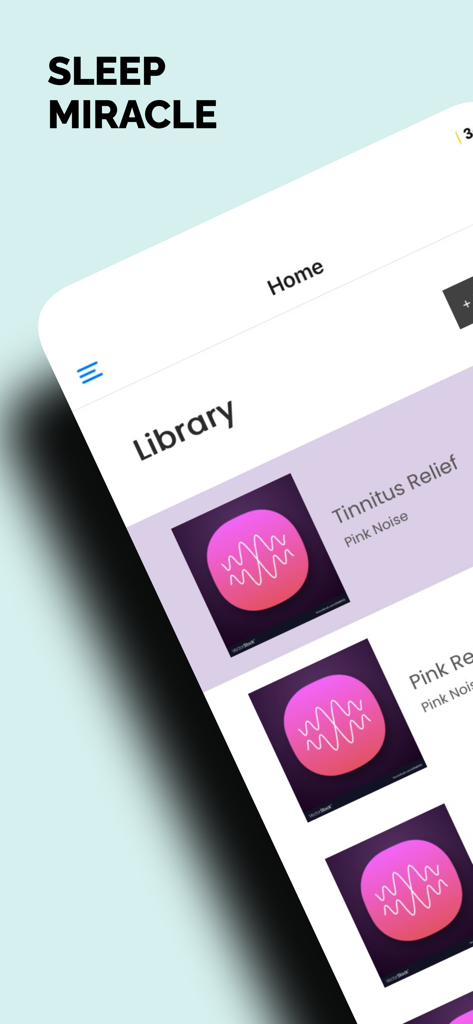 Pink Noise for Sleep app - A mobile app interface displaying a library of pink noise sound tracks for sleep and tinnitus relief.