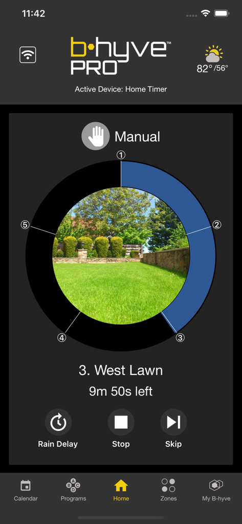 B-hyve Pro mobile app screen displaying manual control for the West Lawn irrigation zone