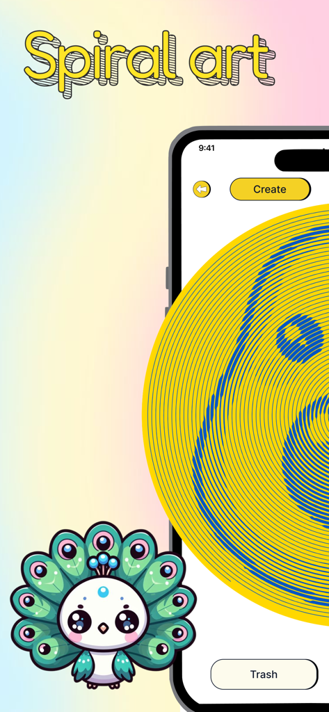 Spiral Art: Portrait Drawing - Una interfaz de aplicación móvil para Arte en Espiral mostrando un retrato de espiral amarillo en proceso en la pantalla de un smartphone con un lindo personaje de pavo real de dibujos animados