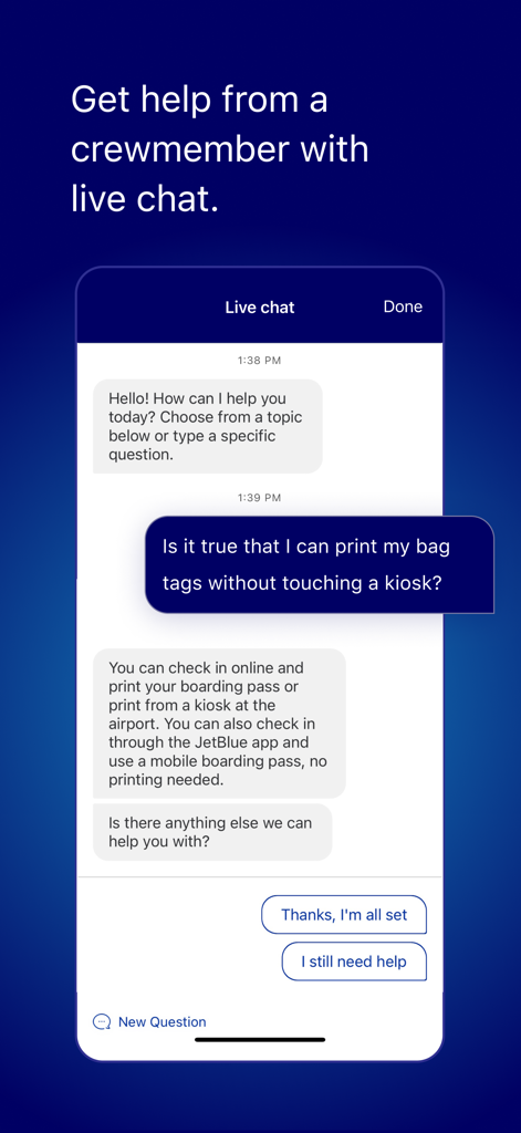 JetBlueモバイルアプリのライブチャットインターフェースに、クルーメンバーとのサポート会話が表示されています。