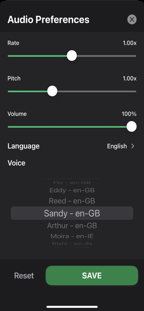 Pantalla de configuración de la aplicación Lector de Texto a Voz para ajustar el tono de la velocidad de la voz y seleccionar diferentes voces de IA