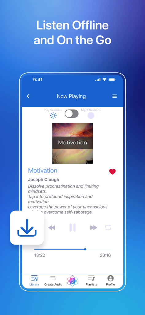 Hypnosis with Joseph Clough - Hypnosis app interface showing a motivation session with an offline listening feature