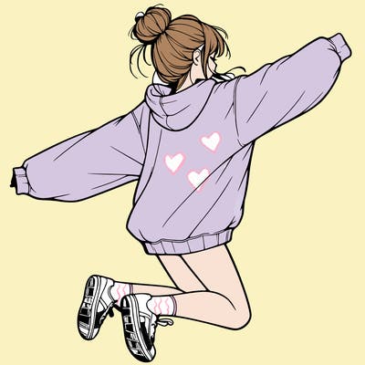 realistic girl jumping with a bun and oversized sweatshirt