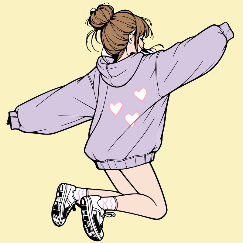 realistic girl jumping with a bun and oversized sweatshirt