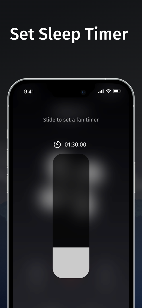 Tap Fan Noise for Sleep - Interfaz de usuario de la aplicación Tap Fan Noise que muestra la pantalla del temporizador de sueño configurado con un control deslizante vertical