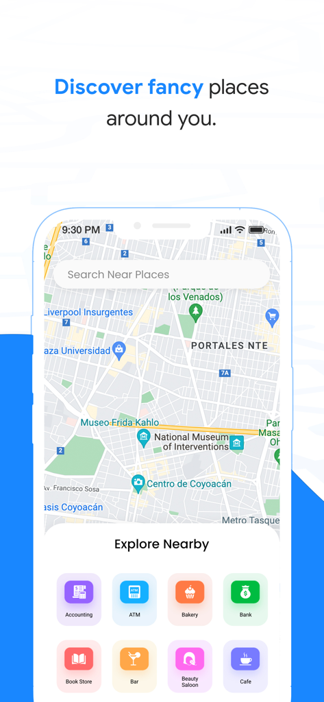 Una pantalla de smartphone que muestra la función Explorar Cerca de la aplicación GPS Map Navigation con categorías como panadería, banco y cafetería sobre una vista de mapa.
