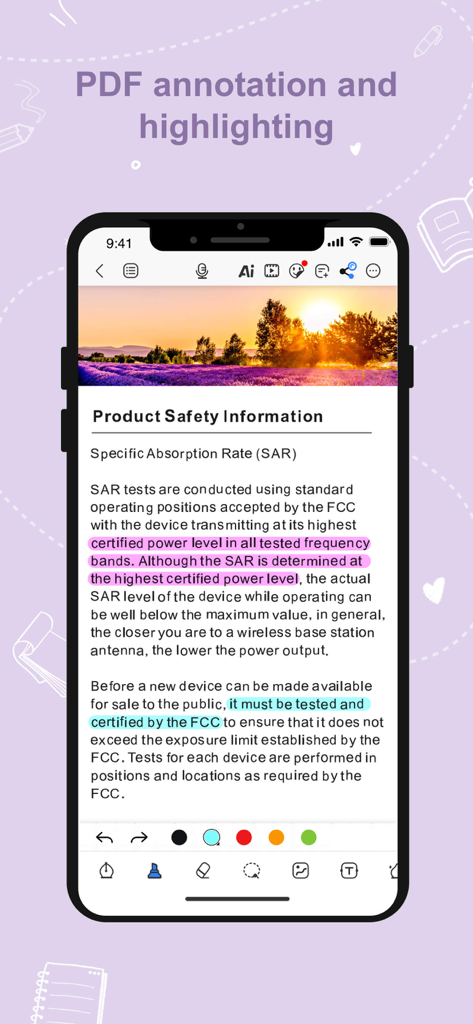 Kilonotes-Notes & Mark up PDF - A smartphone interface of Kilonotes showing a PDF document with pink and blue text highlights and annotation tools