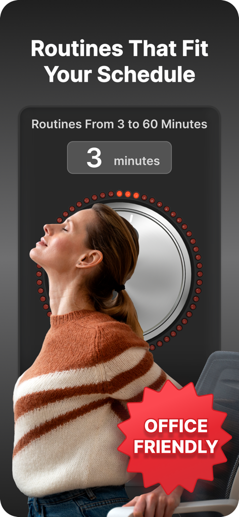 WeStretch: Stretching & Splits - Uma mulher realizando uma rotina de alongamento amigável para escritório de três minutos em sua cadeira