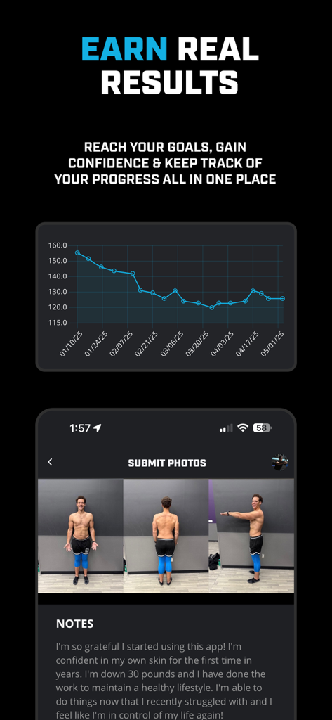 Interfaz de la aplicación móvil que muestra un gráfico de progreso de fitness y fotos de transformación corporal para el seguimiento de la pérdida de peso