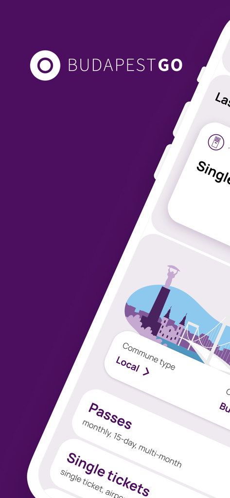 BudapestGO - Interfaz de la aplicación BudapestGO que muestra opciones para comprar pases de tránsito y boletos sencillos