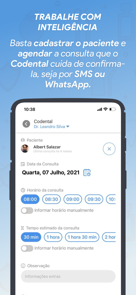 Mobile interface of Codental app showing the appointment scheduling screen with patient selection, date, time, and duration