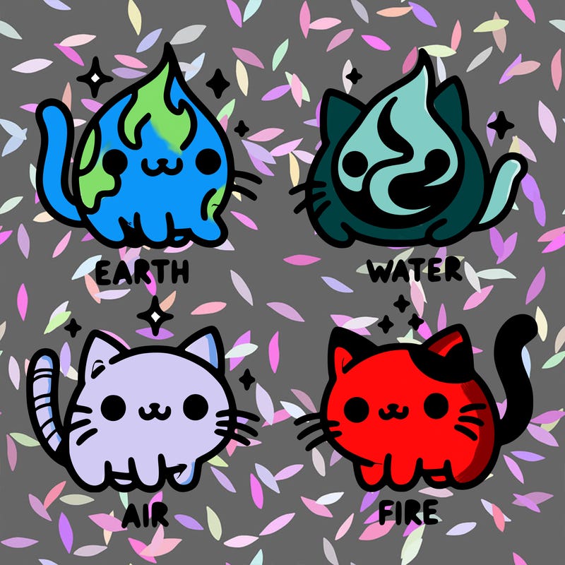 4 cats that represent the different elements, earth, water, air, and fire