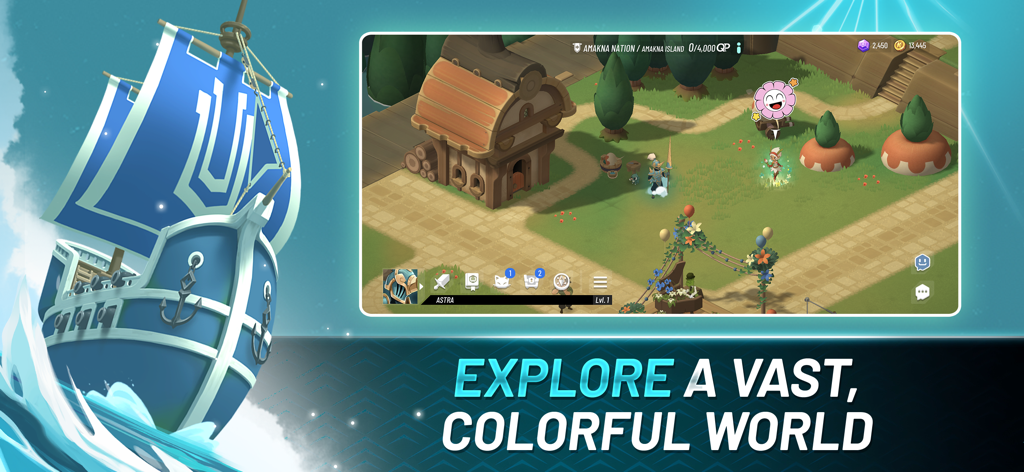 A blue sailing ship and a gameplay screenshot showing a vibrant village in the tactical RPG Waven.