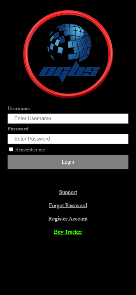 OGBS Tracking 2026 - Login screen of the OGBS Tracking 2026 app showing username and password fields.