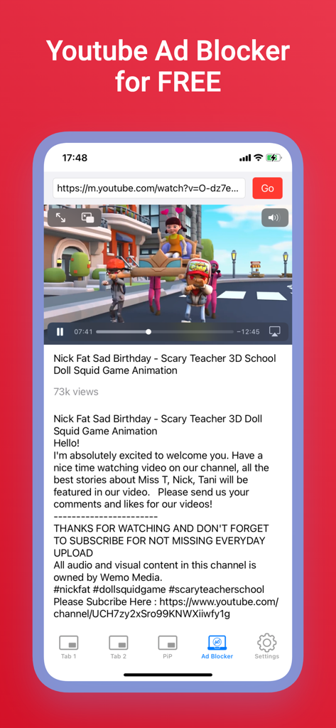 Music Video Player with PiP - Screenshot of TubePiP app showing the free YouTube ad blocker feature on a mobile device