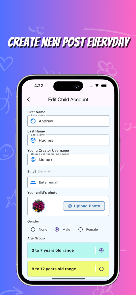 Young Creator - Oberfläche der Young Creator App, die den Bildschirm zur Bearbeitung des Kinderkontos mit Feldern für Name, Benutzername und Auswahl der Altersgruppe zeigt.