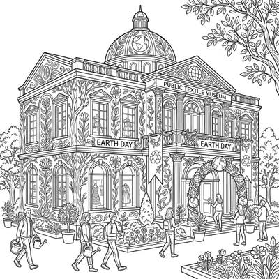 Dive into a vibrant celebration of sustainability with our Earth Day Textile Museum coloring page. Adorned with blooming flora and environmental symbols, this intricate design invites you to color a world where history and nature intertwine.