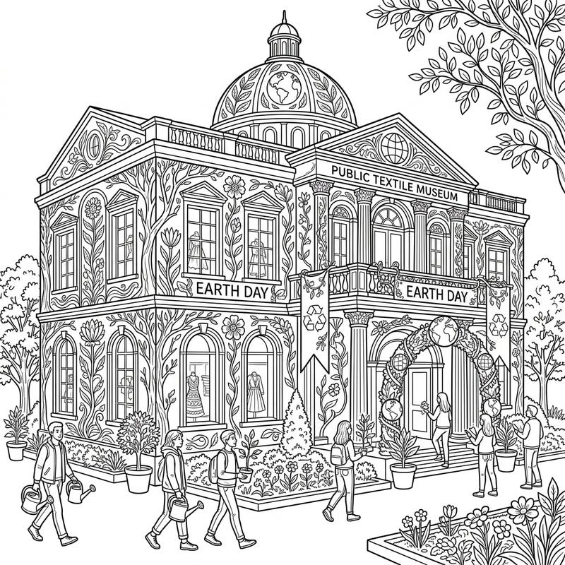 Dive into a vibrant celebration of sustainability with our Earth Day Textile Museum coloring page. Adorned with blooming flora and environmental symbols, this intricate design invites you to color a world where history and nature intertwine.