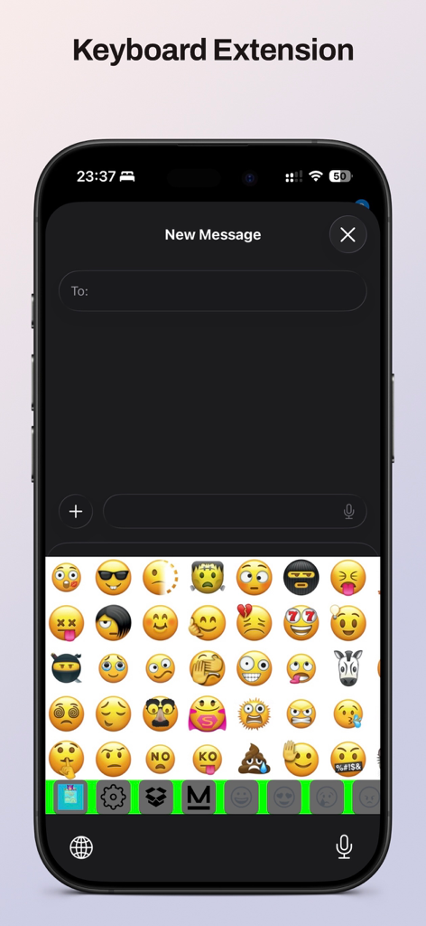 MockMoji-App zeigt eine benutzerdefinierte Emoji-Tastaturerweiterung auf einem iPhone für Nachrichten.