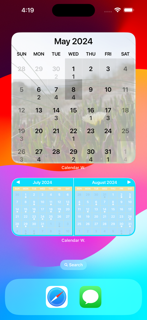 Calendar Widget - Widget mensili personalizzati con temi floreali e blu su una schermata Home di iPhone