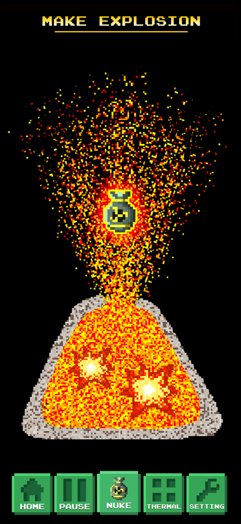 Pixel art explosion triggered by a nuke element in the Sandbox Powder Alchemy physics game.