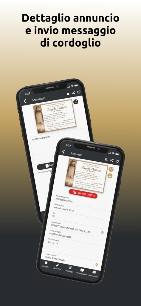 Solimano Funeral - Solimano Funeral app screens showing obituary details and the interface to send condolence messages