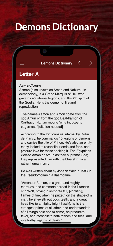 A smartphone screen showing the detailed entry for the demon Aamon in the Demons Dictionary app