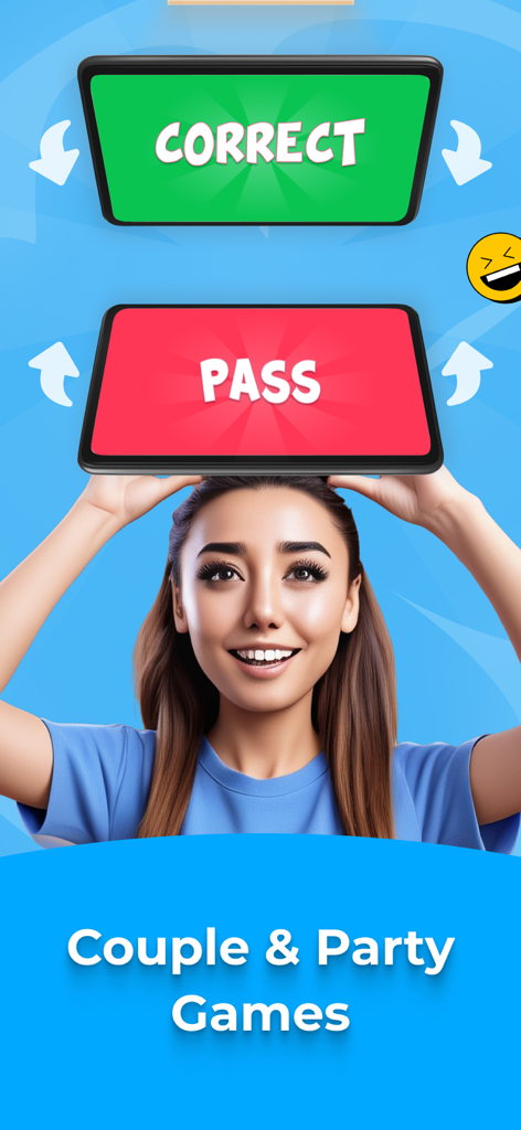 Charades: Family & Party Game - A woman playing a heads up charades game showing correct and pass screen options