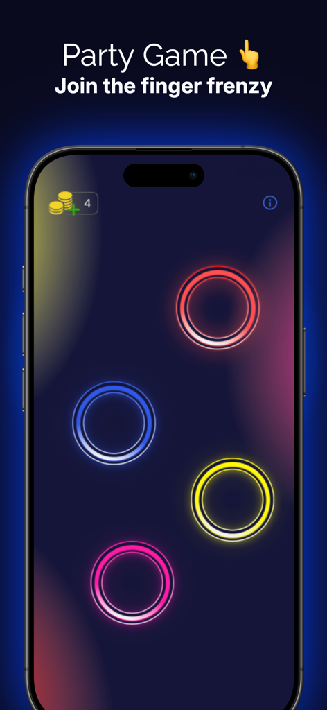 Tap Roulette Pro – Finger Game - Schermata di gioco di Tap Roulette Pro che mostra cerchi al neon luminosi per più giocatori da toccare