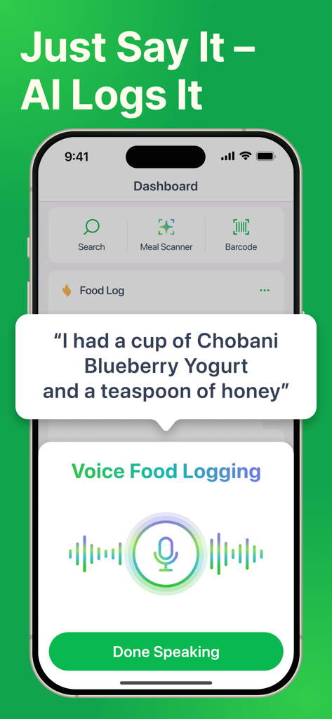 PlateAI - MyNetDiary AI Coach - PlateAI app interface showing the AI voice food logging feature with an example speech bubble.