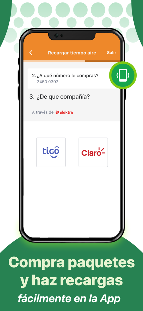 Banco Azteca Honduras - Interfaz de la aplicación móvil de Banco Azteca Honduras para comprar paquetes de tiempo aire Tigo y Claro