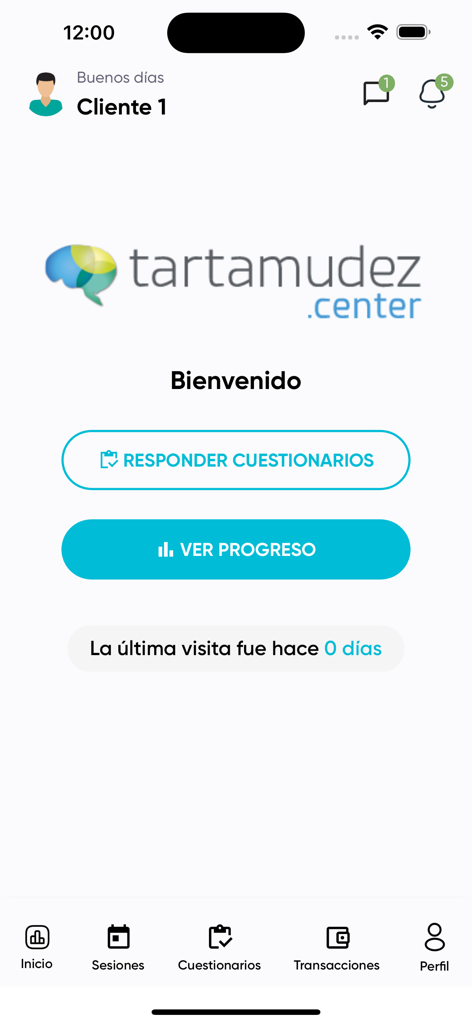 Main dashboard of the Tartamudez Center app displaying options to answer questionnaires and view speech therapy progress in Spanish.
